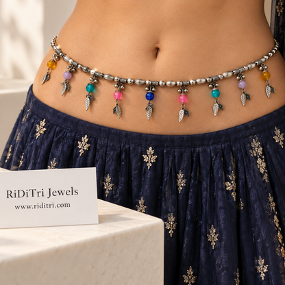 Adjustable silver-toned kamarbandh with pastel stones and leaf charms for Navratri and festive wear, view 3