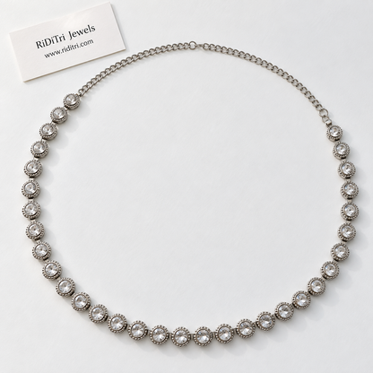 Free size silver-toned waist chain with round clear crystal-look stones and long adjustable chain, view 2