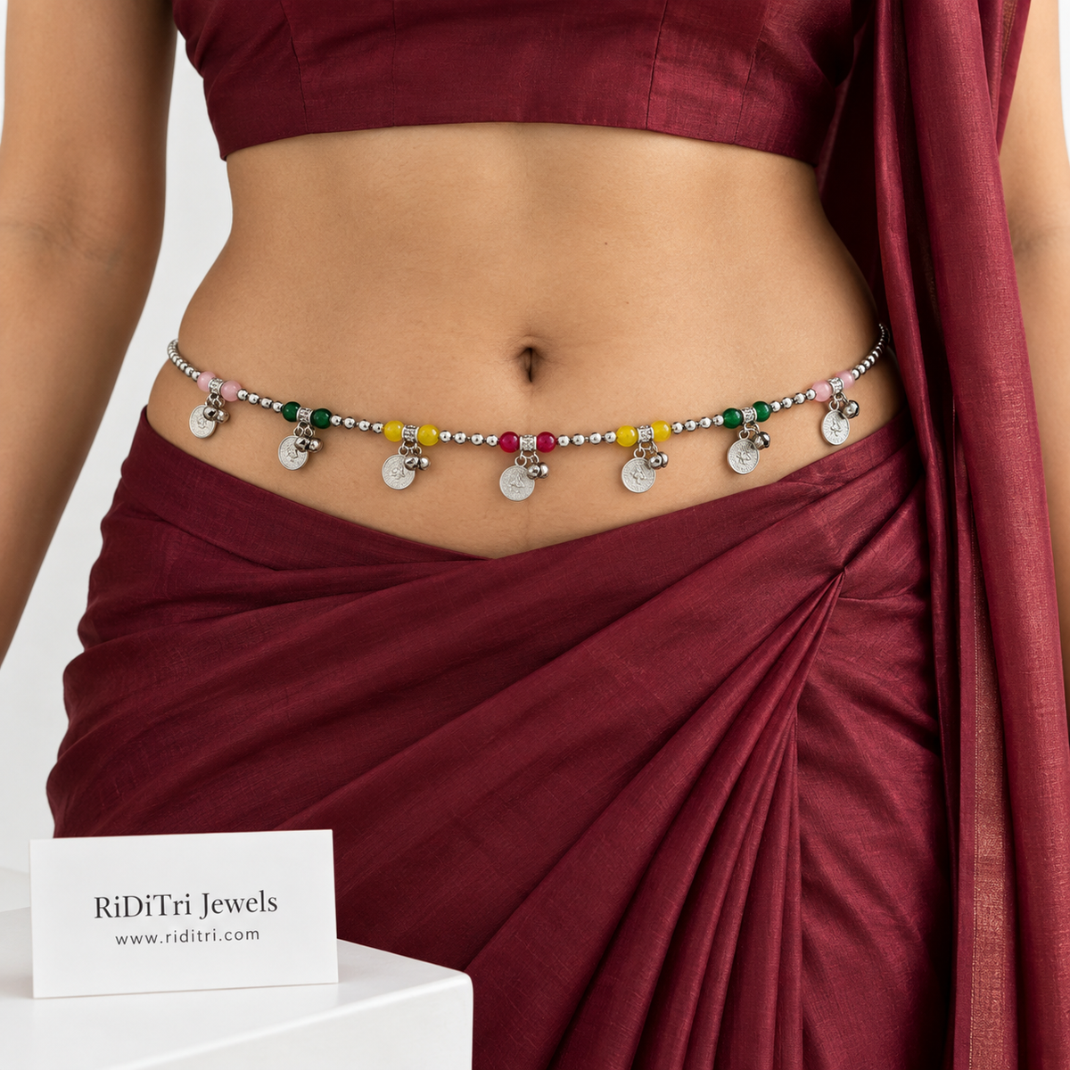 Coin ghungroo multicolour stone waist belt (kamarbandh) by Riditri in silver-toned finish
