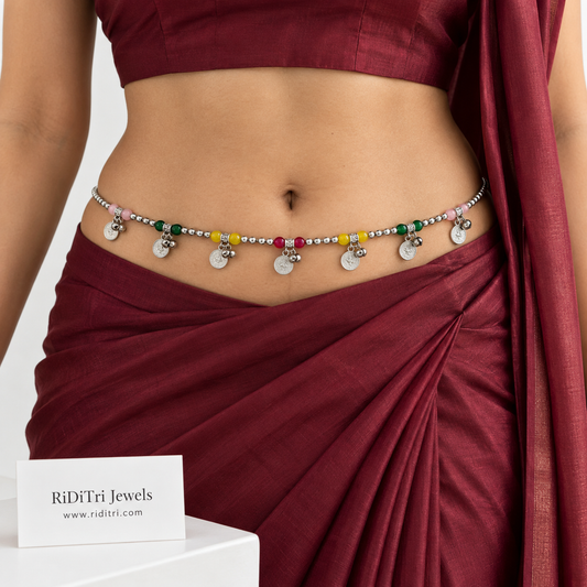 Coin ghungroo multicolour stone waist belt (kamarbandh) by Riditri in silver-toned finish