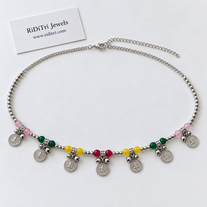Silver-toned waist chain with coin charms, tiny ghungroo bells and pink, green, yellow and ruby stones, view 2