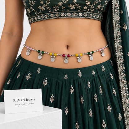 Free size adjustable kamarbandh with ghungroo bells and coin charms for Navratri and garba, view 3
