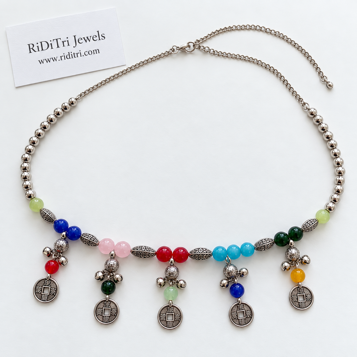 Antique coin ghungroo rainbow stone waist belt (kamarbandh) by Riditri in silver-toned finish