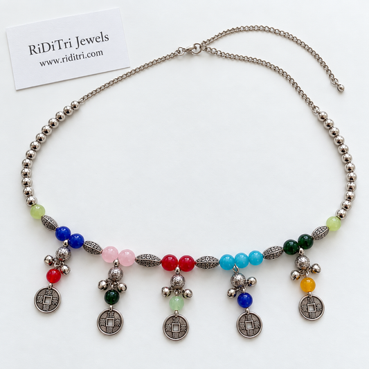 Antique coin ghungroo rainbow stone waist belt (kamarbandh) by Riditri in silver-toned finish