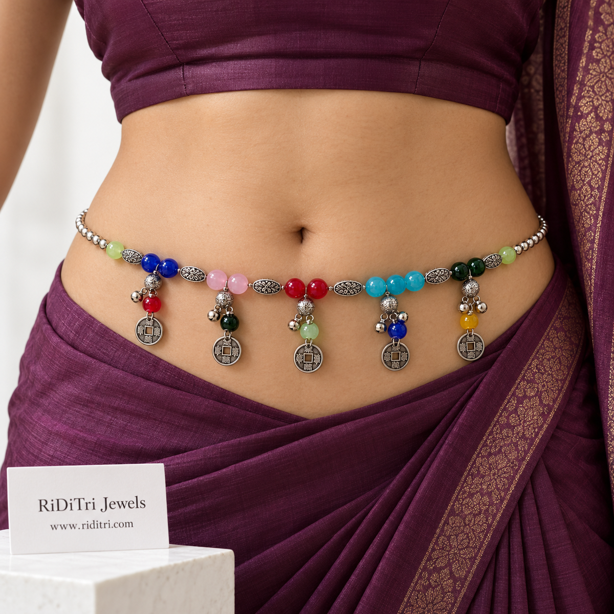 Free size adjustable kamarbandh with multicolour stones and ghungroo bells for Navratri and garba, view 3
