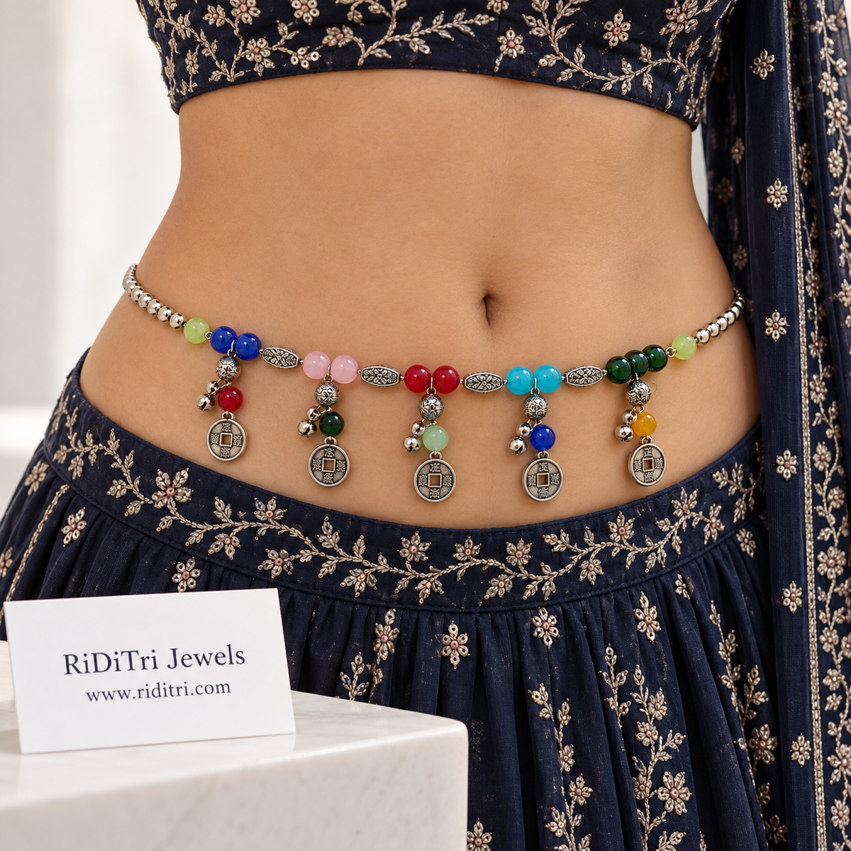 Silver-toned waist chain with rainbow stones, square-hole coin charms and tiny ghungroo bells, view 2