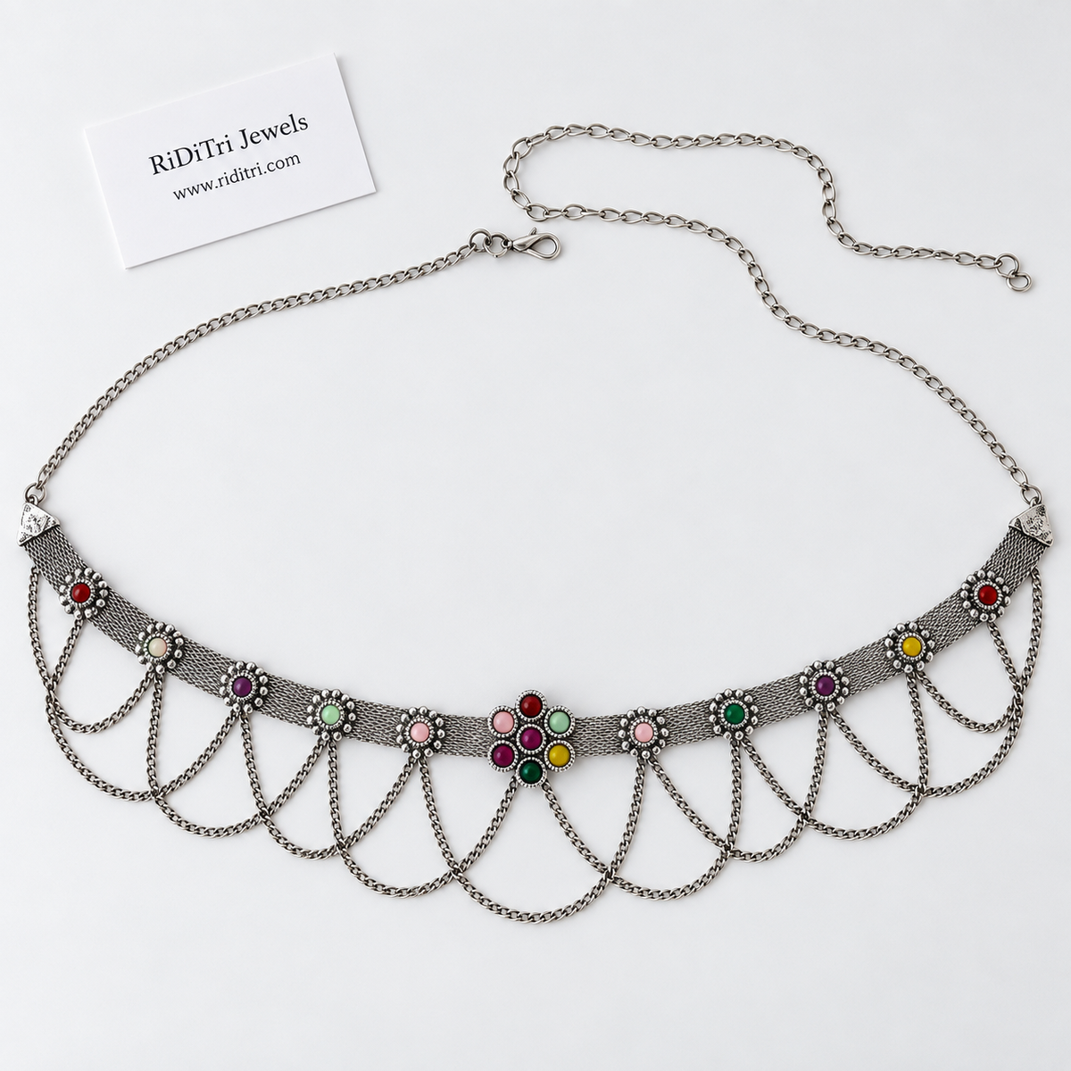 Oxidised silver-toned mesh waist chain with flower stone studs and scalloped layered chains, view 2