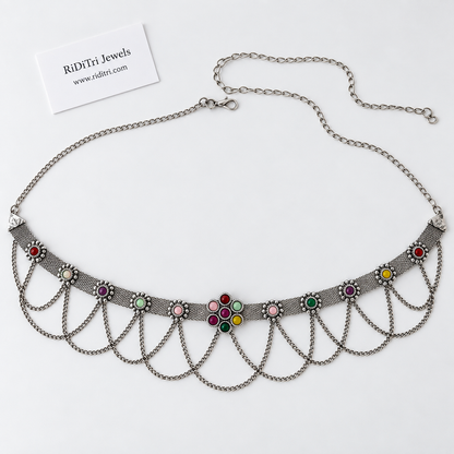 Oxidised silver-toned mesh waist chain with flower stone studs and scalloped layered chains, view 2