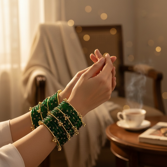 Viral Kashmiri Ghungroo Glass Bangle Set-Green- 2 dozen