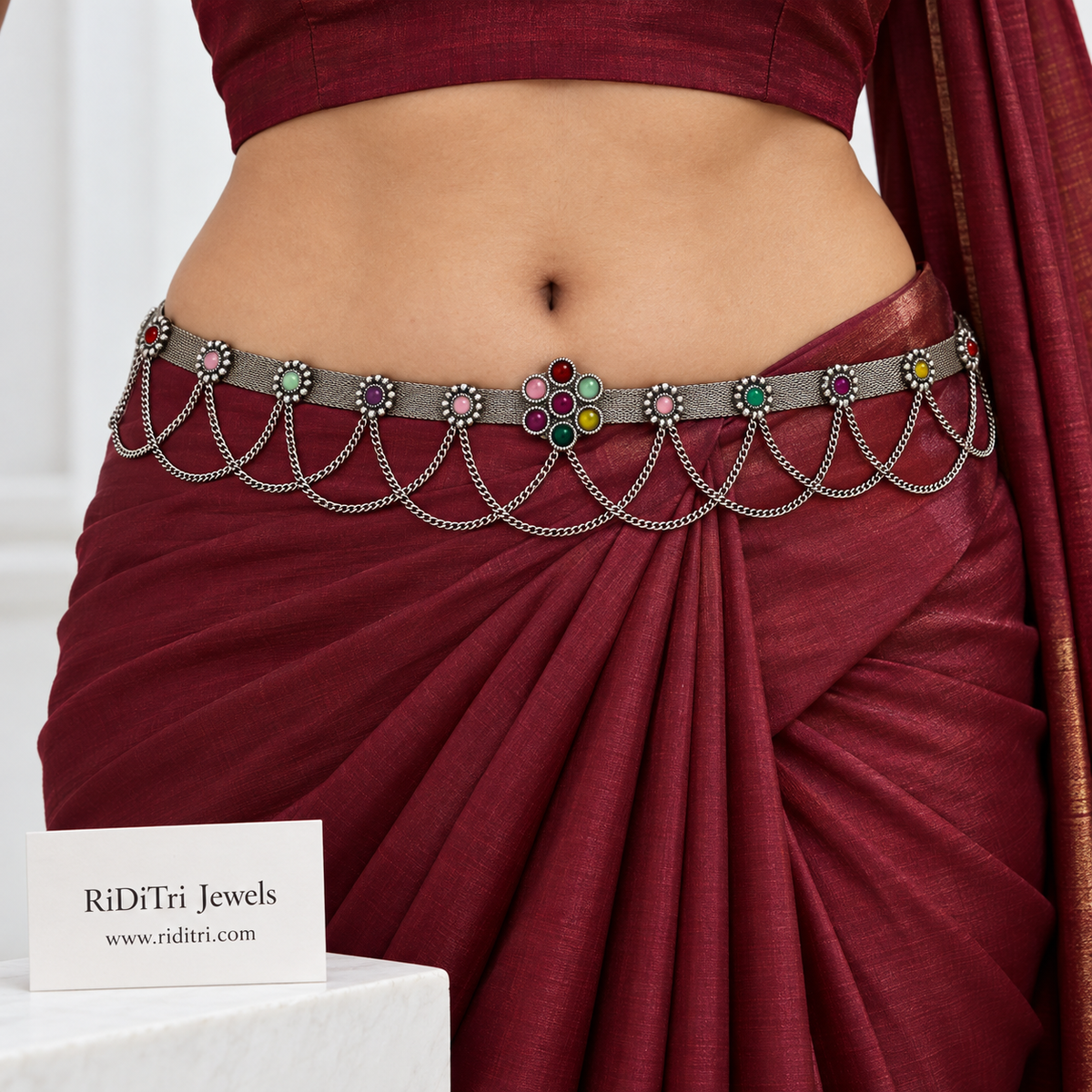 Oxidised mesh flower stone layered waist belt (kamarbandh) by Riditri with multicolour stones