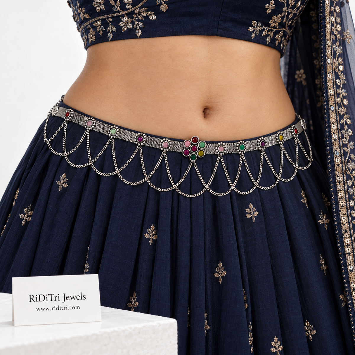 Free size adjustable oxidised kamarbandh with centre flower motif for Navratri and garba, view 3