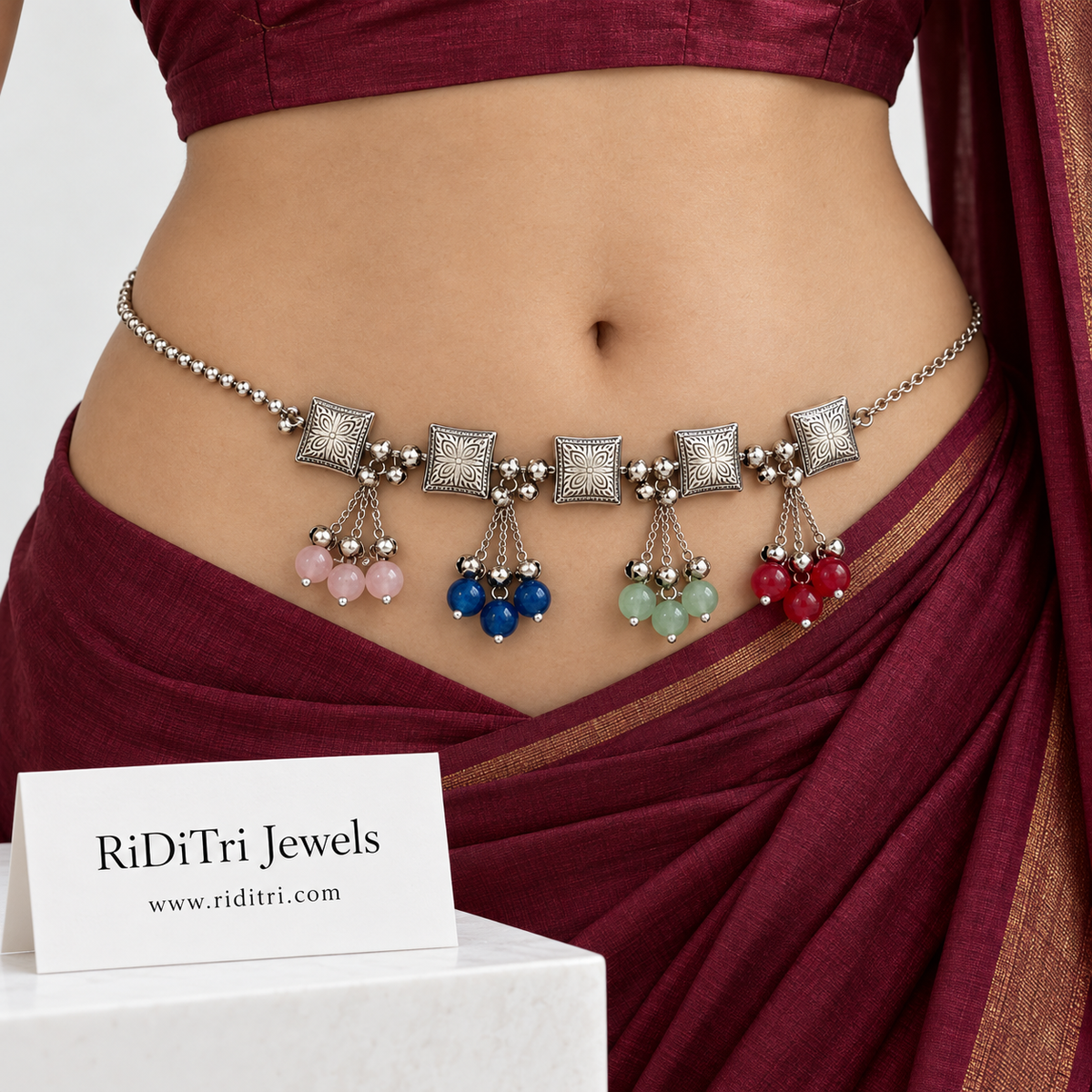 Oxidised diamond motif ghungroo tassel waist belt (kamarbandh) by Riditri with multicolour stones
