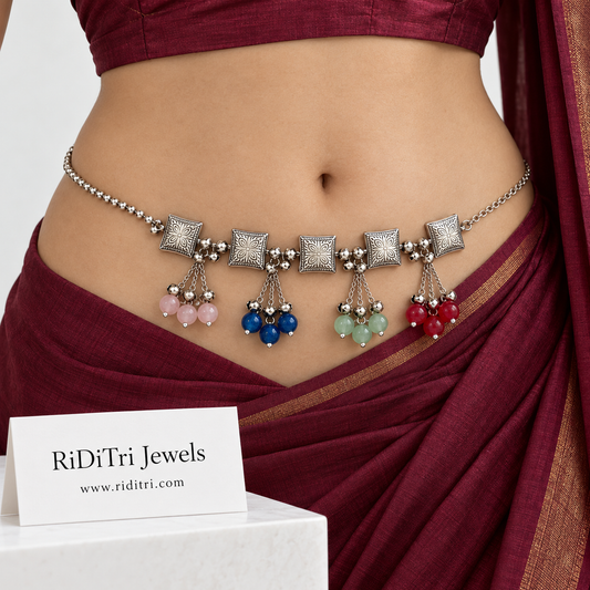 Oxidised diamond motif ghungroo tassel waist belt (kamarbandh) by Riditri with multicolour stones