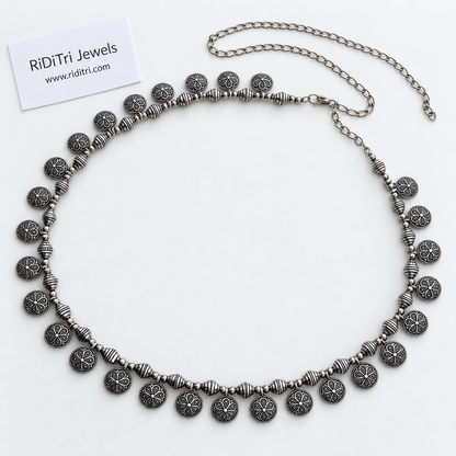 Oxidised waist chain with flower-embossed coin charms and ridged silver-toned beads, view 2