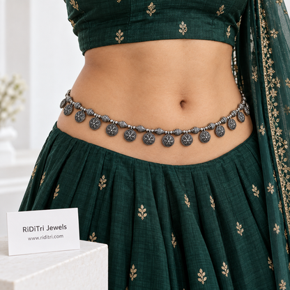 Free size adjustable oxidised coin kamarbandh for Navratri, saree and lehenga, view 3