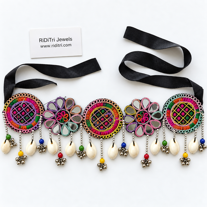 Embroidered medallions and mirror-work flowers with cowrie shells and ghungroo bells, view 2