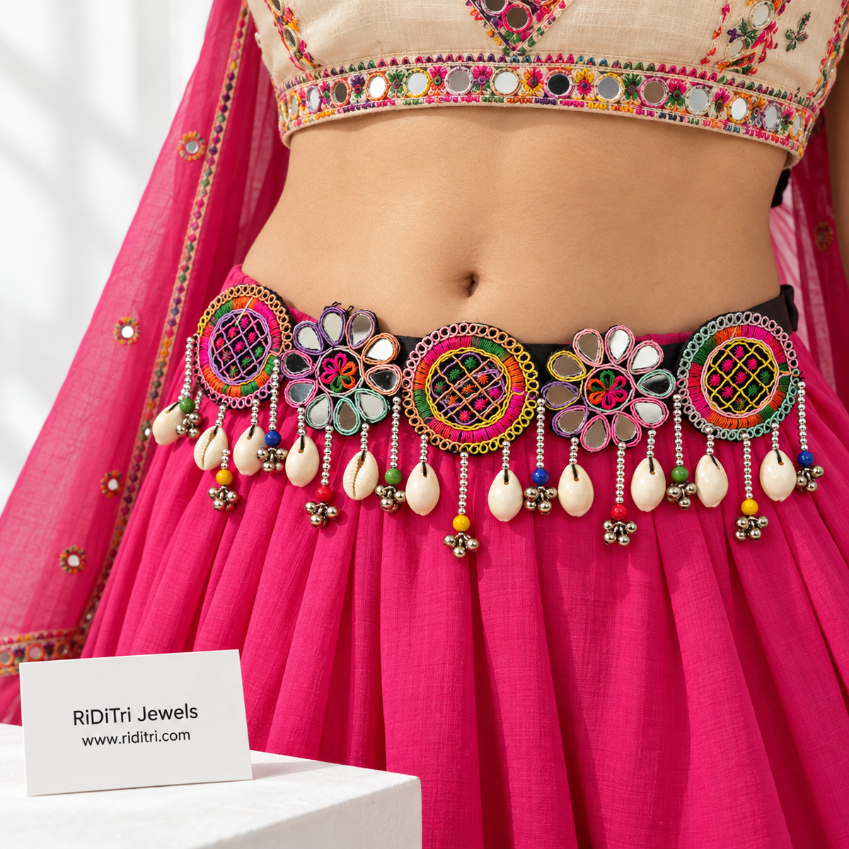 Free size garba waist belt with black ribbon tie for chaniya choli, view 3