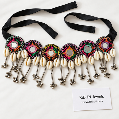 Six round mirror medallions with sunburst threadwork, cowrie shells and ghungroo bells, view 2