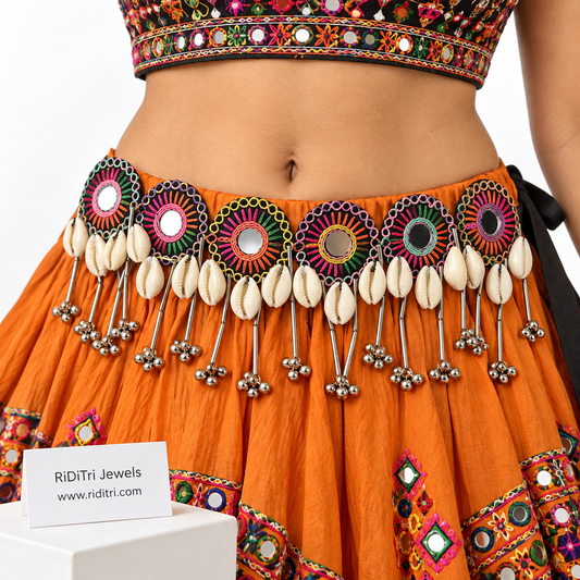 Round mirror cowrie ghungroo Navratri kamarbandh by Riditri with multicolour embroidery