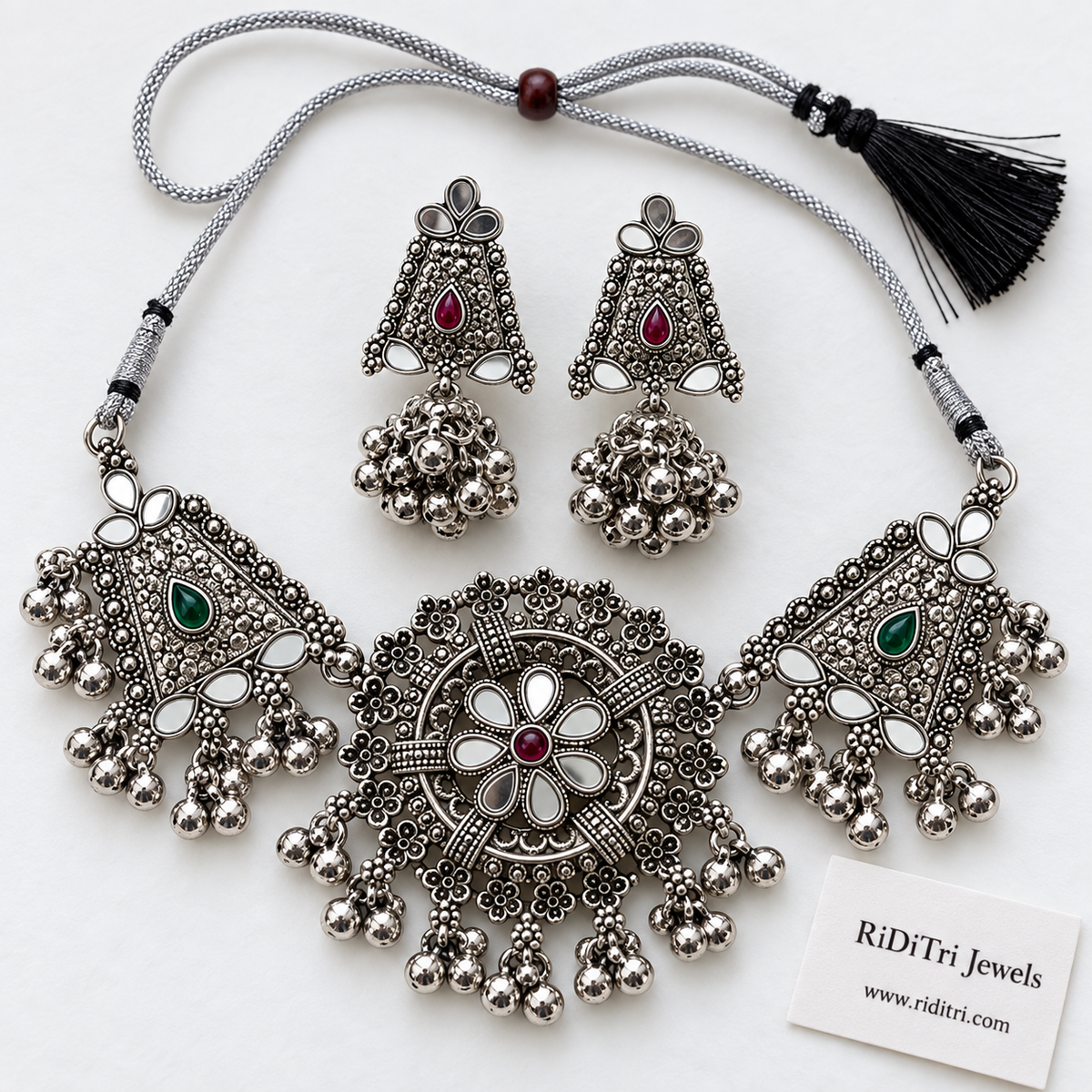 Mini oxidised choker for girls with mirror flower, pink and green stones and ghungroo bells, view 2