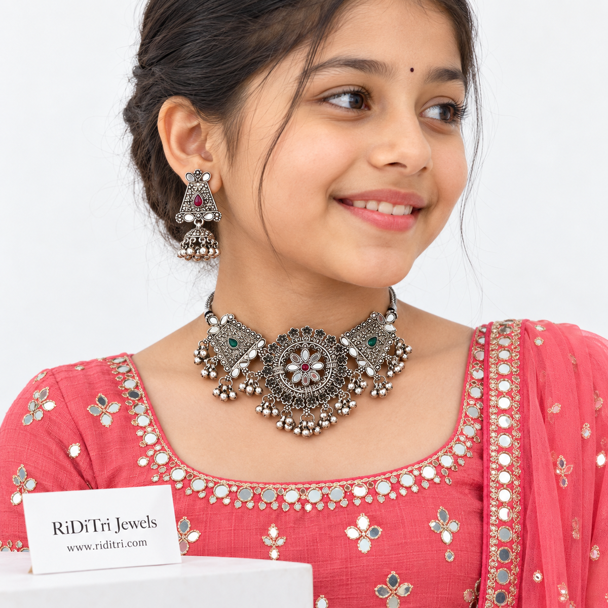 Kids oxidised choker on adjustable dori with ghungroo jhumkas for Navratri, view 3