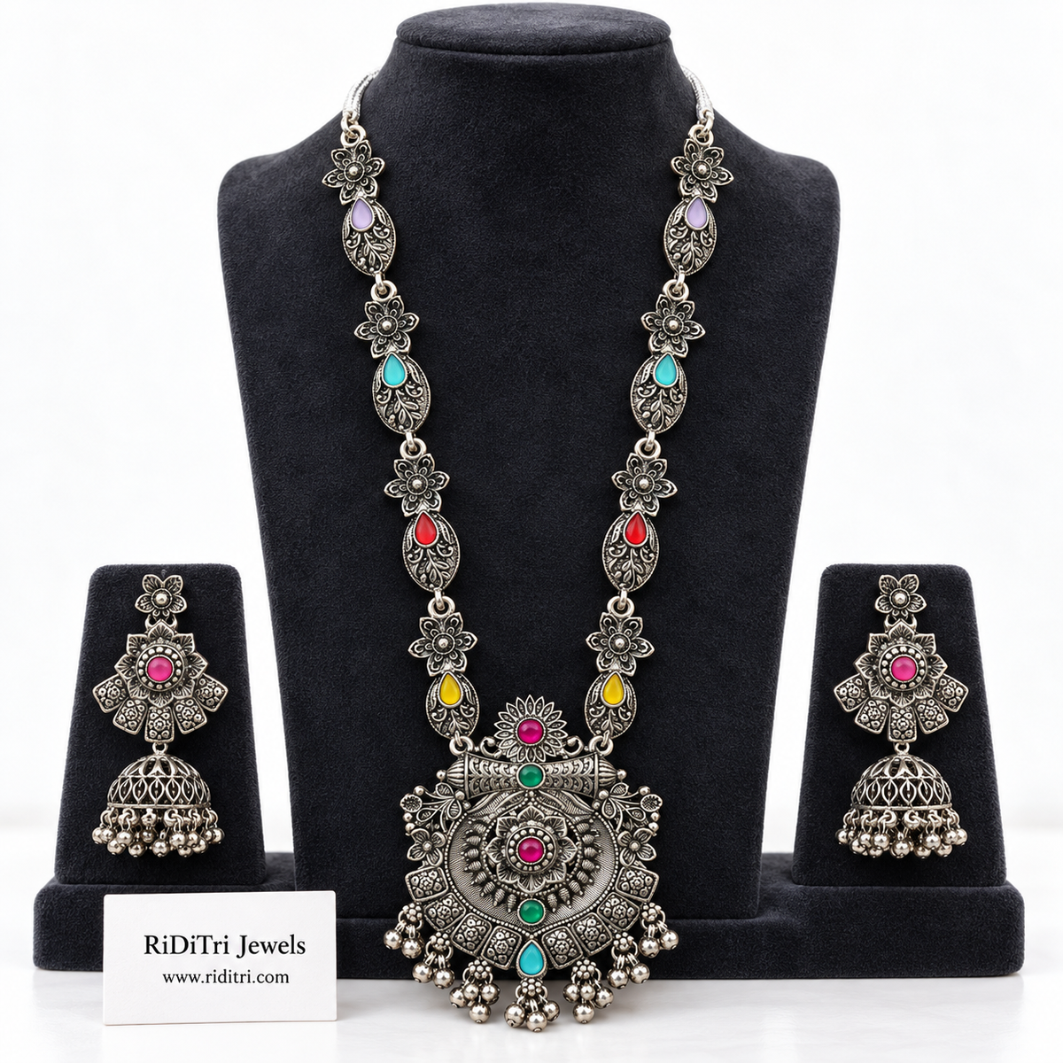 Satrangi oxidised long necklace set with seven-colour stones, ghungroo pendant and matching jhumka earrings by Riditri