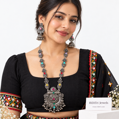 Satrangi oxidised long necklace set with jhumkas, view 2