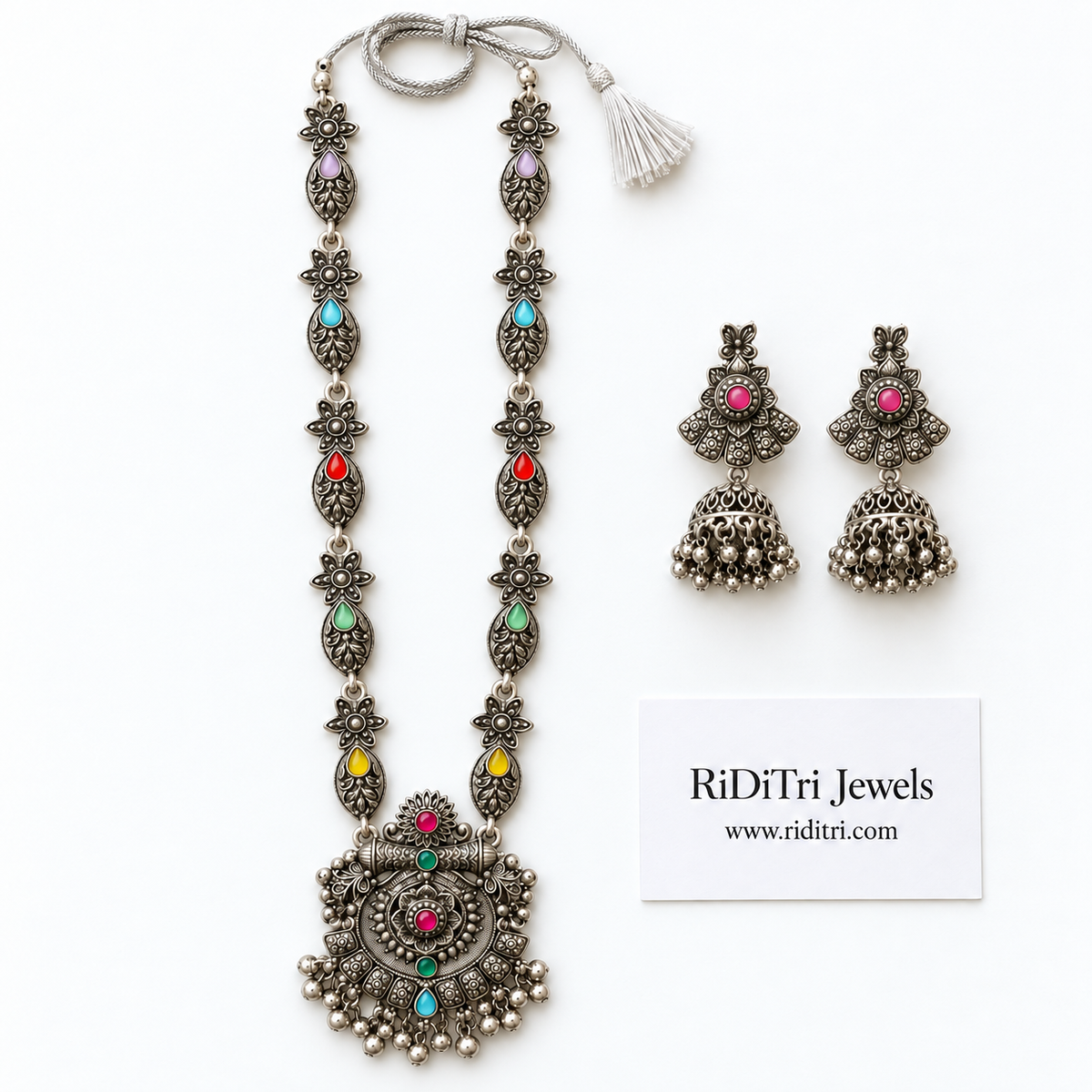 Satrangi oxidised long necklace set with jhumkas, view 3