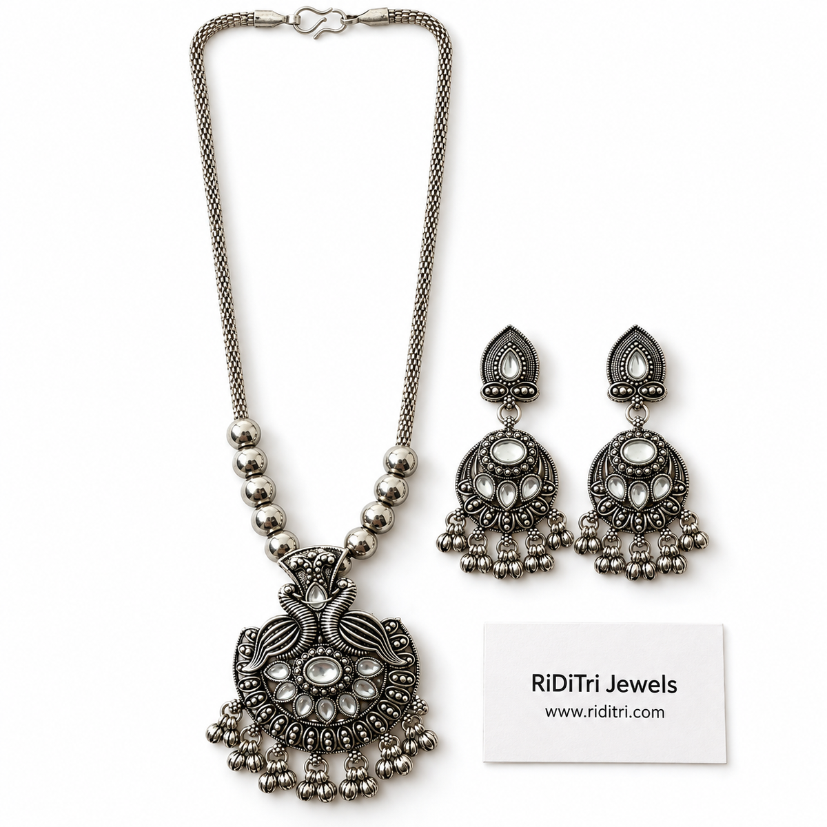 Mayur peacock oxidised long necklace set with earrings, view 2