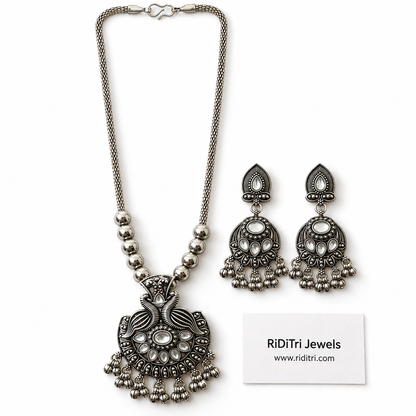 Mayur peacock oxidised long necklace set with earrings, view 2