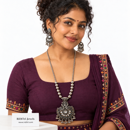 Mayur peacock oxidised long necklace set with earrings, view 3