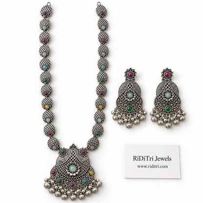 Jaali oxidised long necklace set with earrings, view 2