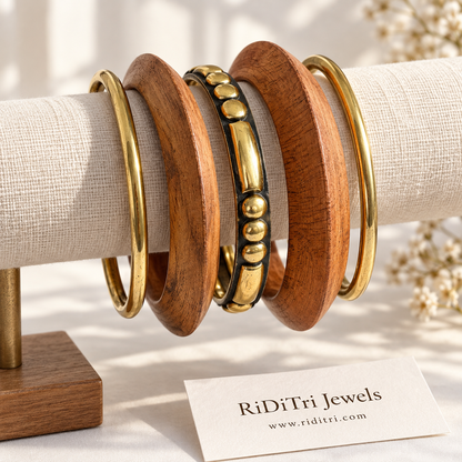 Vanya boho wooden and gold-toned bangles set of 5, view 2