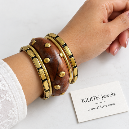 Aranya studded wooden and gold-toned bangles set of 5, view 2