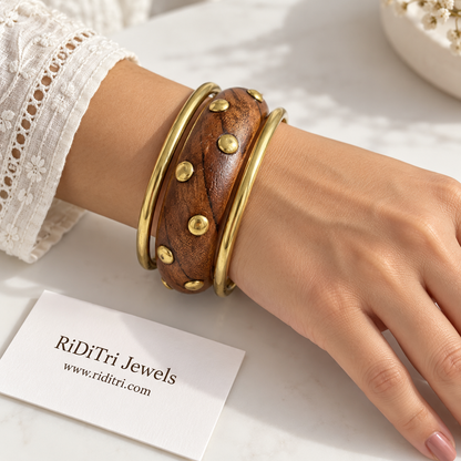 Vanika studded wooden and gold-toned bangles set of 3, view 2