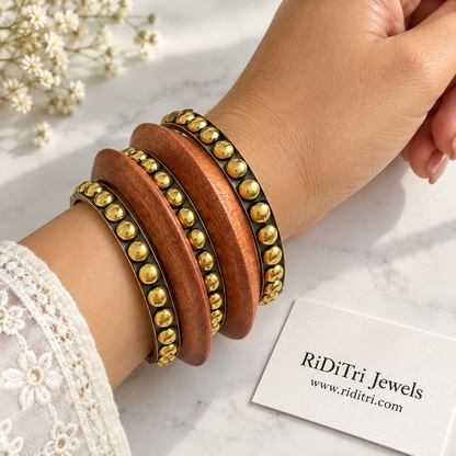 Vanam wooden and gold-toned studded bangles set of 5, view 2