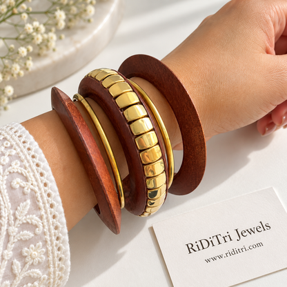 Vanashree wooden and gold-toned statement bangles set of 5, view 2