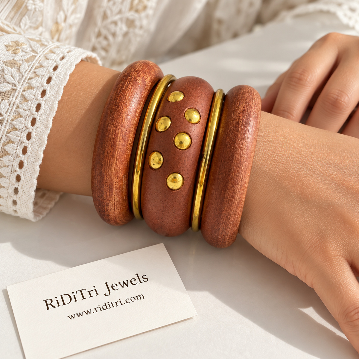 Aranyani studded wooden and gold-toned bangles set of 5, view 2
