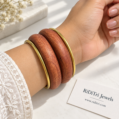 Vanmala wooden and gold-toned bangles set of 4, view 2