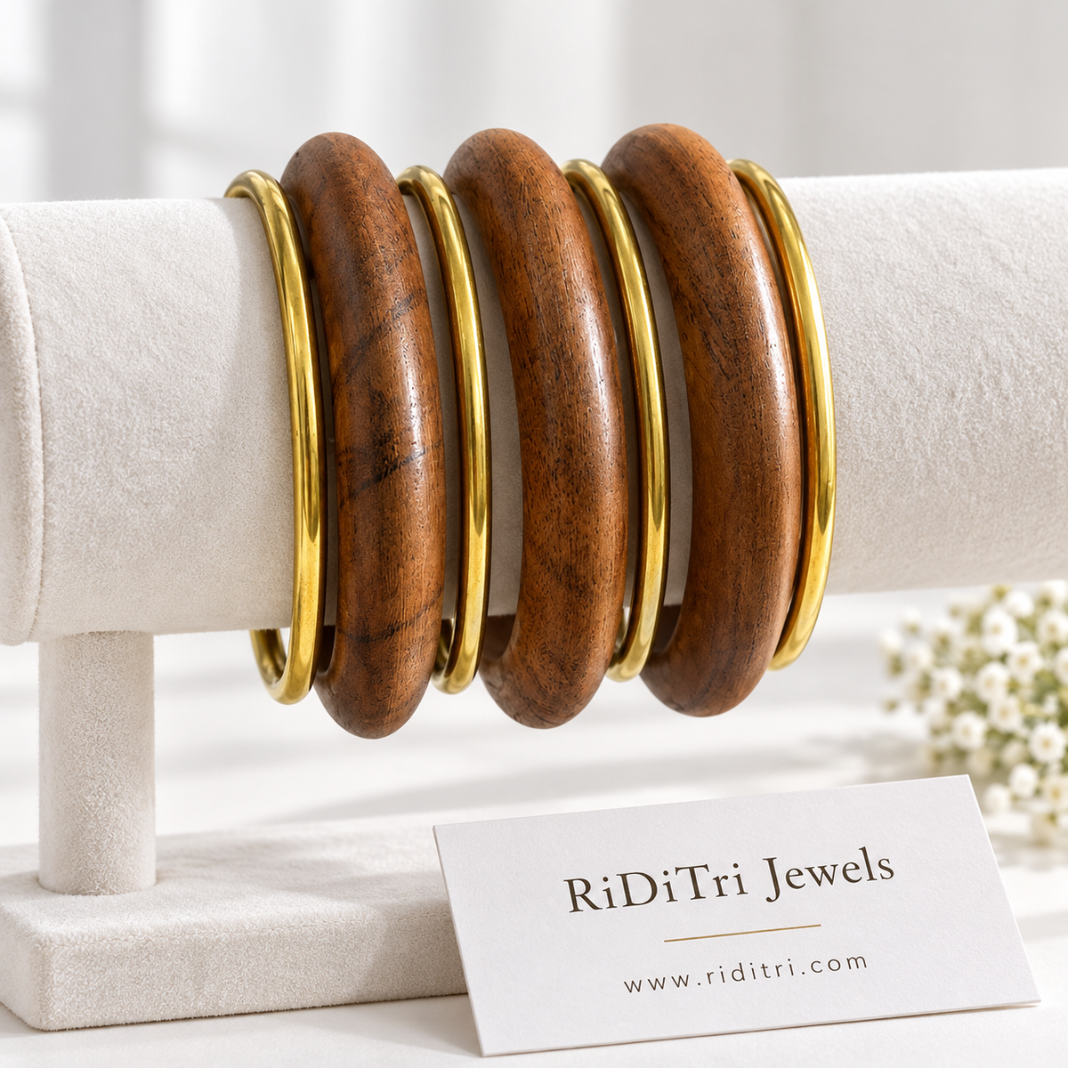 Vanshri studded wooden and gold-toned bangles set of 5, view 2