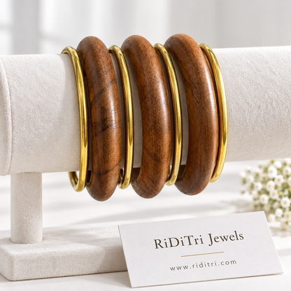 Vanshri studded wooden and gold-toned bangles set of 5, view 2