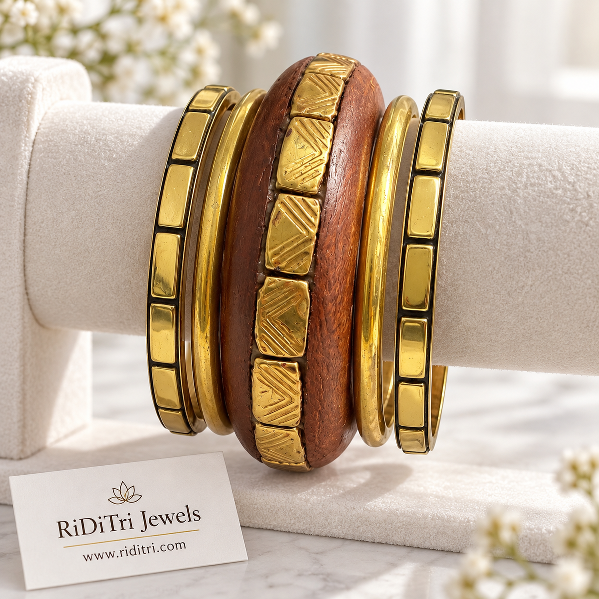 Kaanan engraved wooden and gold-toned bangles set of 5, view 2
