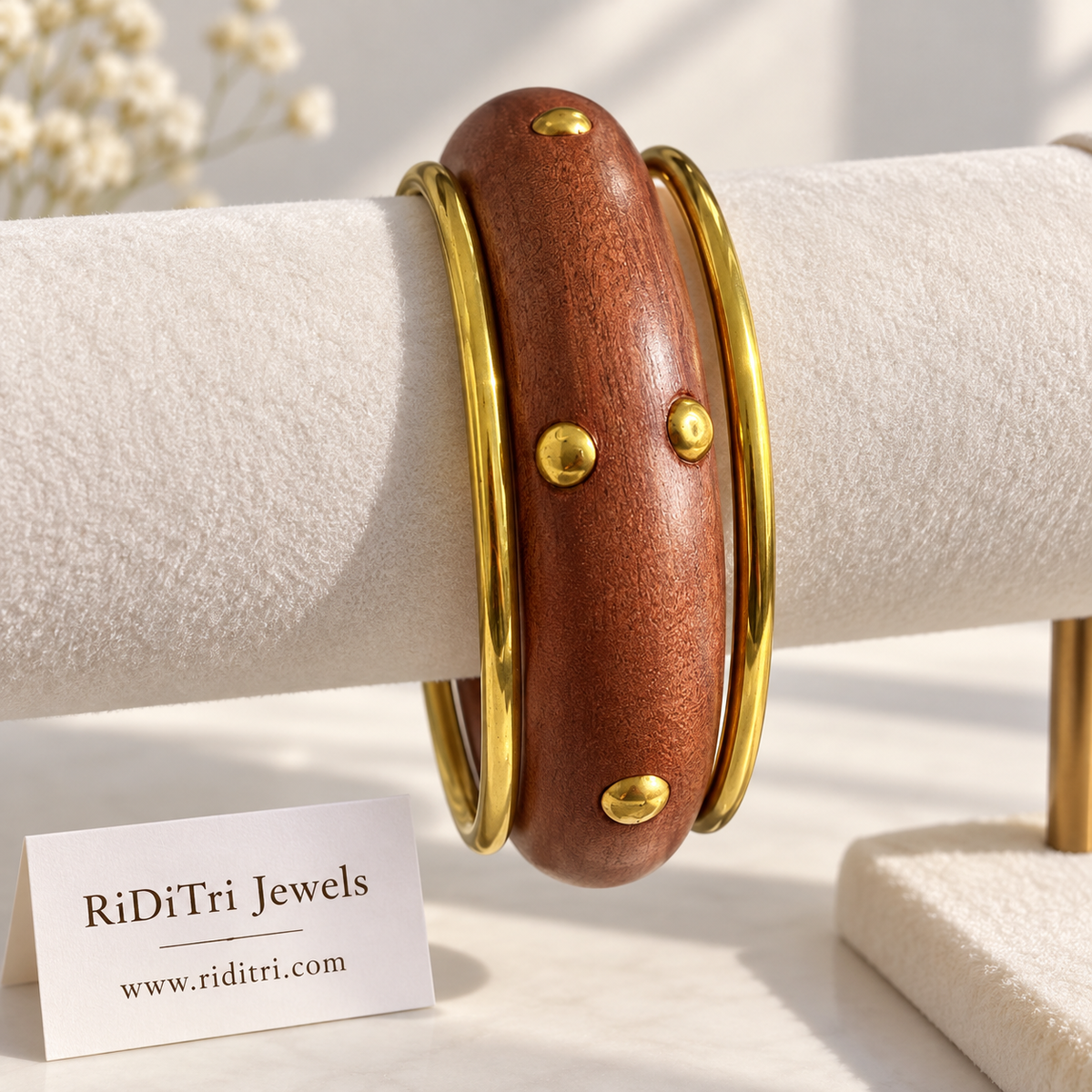 Kunj studded wooden and gold-toned bangles set of 3, view 2