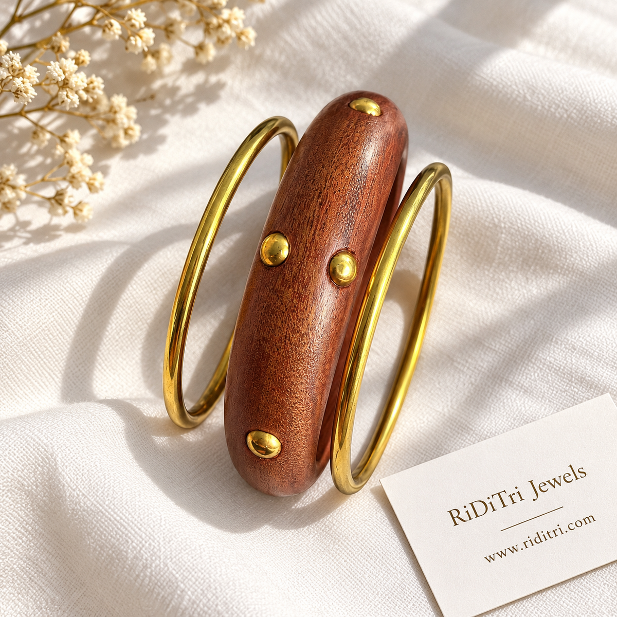 Kunj studded wooden and gold-toned bangles set of 3, view 3
