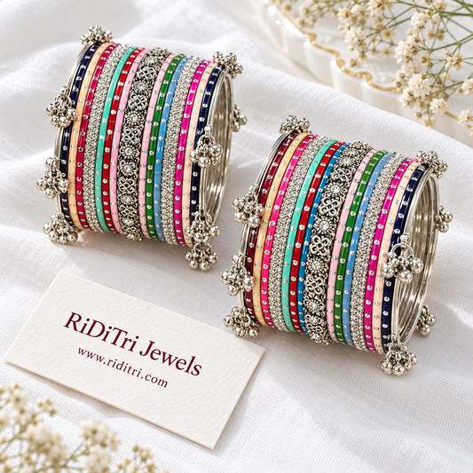 Rangeen Kashmiri ghungroo bangle set for both hands with multicolour enamel, silver-toned and stone-studded oxidised-look bangles by Riditri