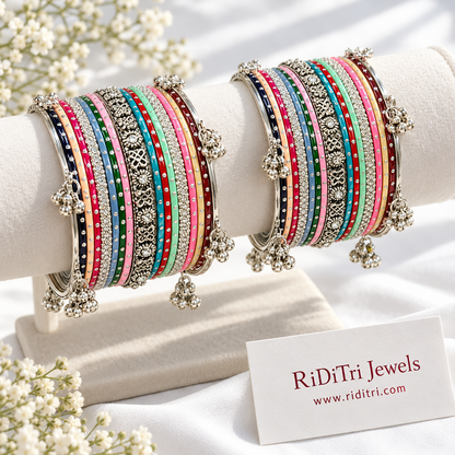Rangeen Kashmiri ghungroo silver-toned multi stone bangle set for both hands, view 2