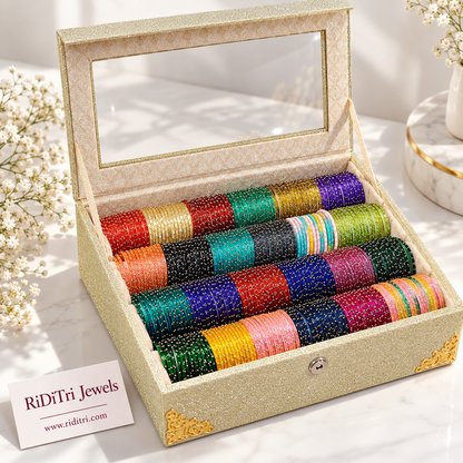 Raindrop Bangles Box 24 Dozen – rows of sparkling red, gold, green, blue, pink and yellow raindrop glass bangles, view 2