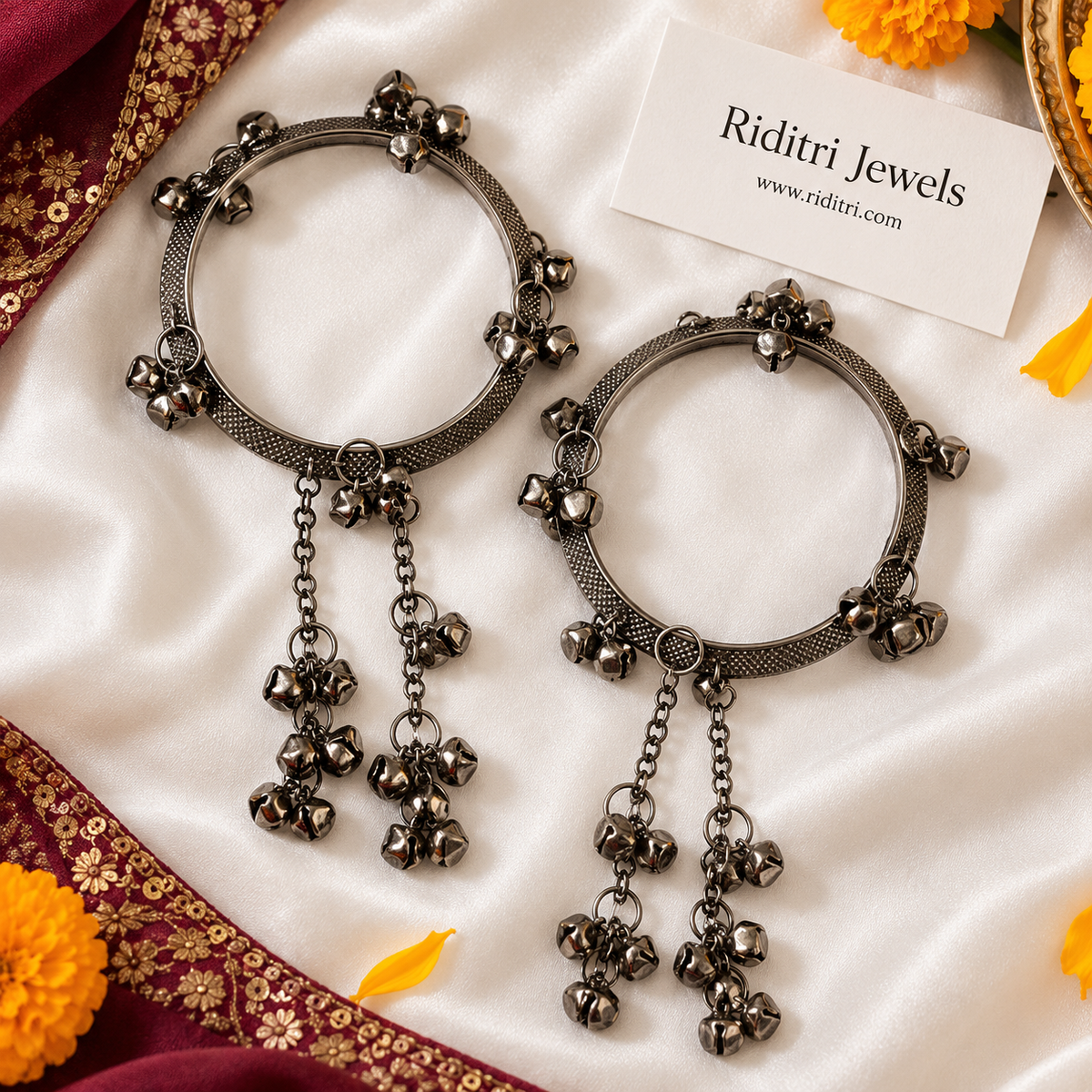 Oxidised Ghungroo Latkan Bangles – close-up of ghungroo clusters and jingling latkan chains on the oxidised bangle pair, view 3