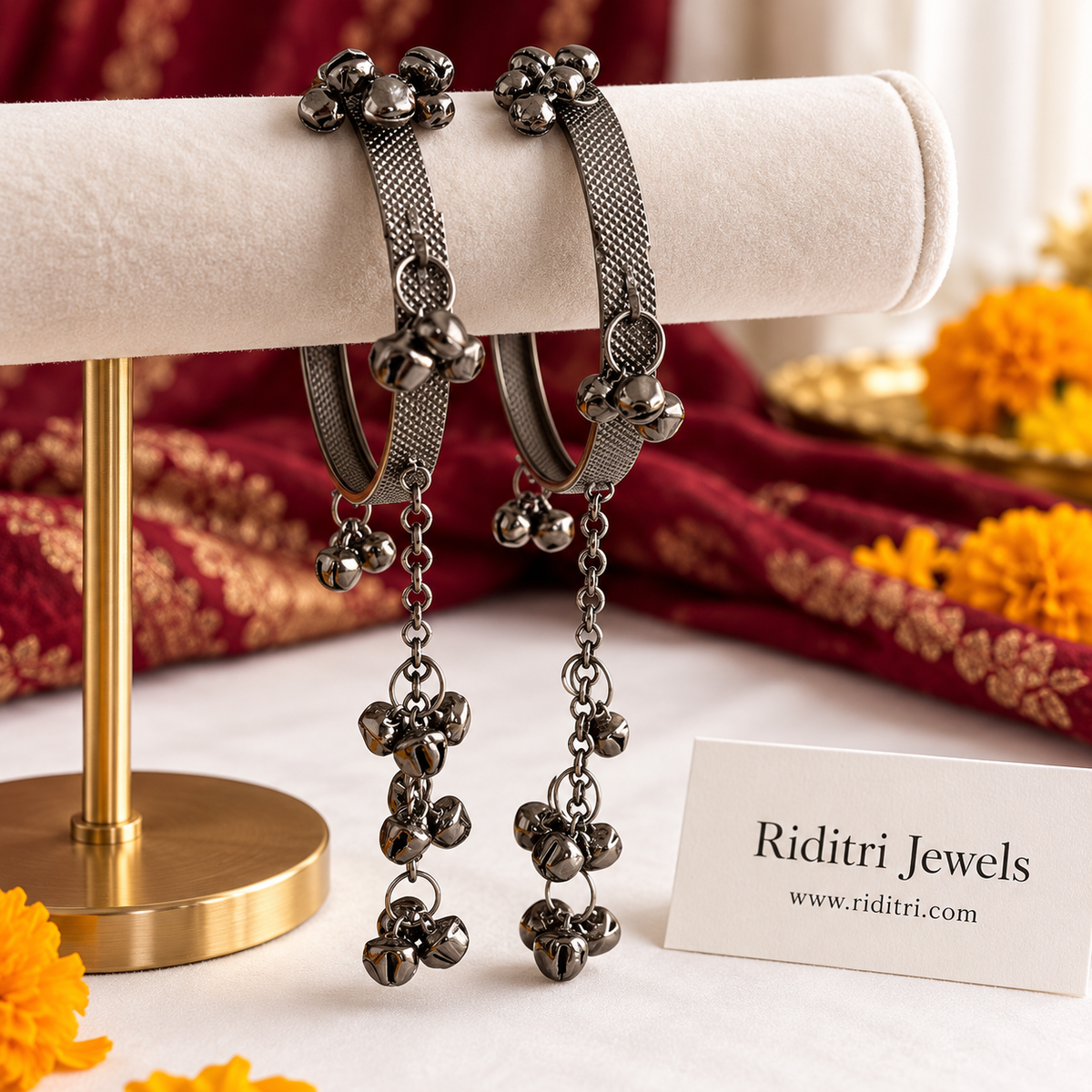 Oxidised Ghungroo Latkan Bangles – pair of textured dark oxidised bangles with ghungroo bunches and long latkans for garba, view 2