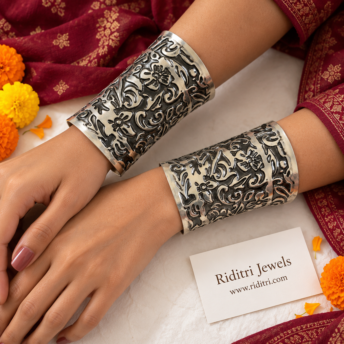 Phoolwari Adjustable Broad Cuff Bracelets – oxidised floral cuff worn on the wrist, smooth snag-free open cuff, view 2
